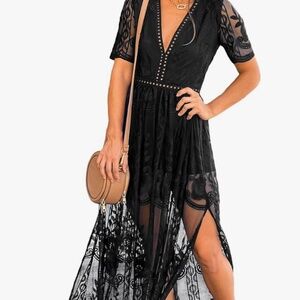Women's Sheer Deep V-Neck Lace Dress Boho Floral Maxi Dress Beach M NWOT